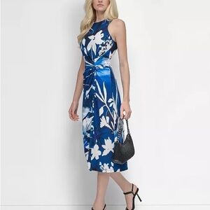 DKNY Blue White Floral Print Twisted Waist Sleeveless Midi Dress Size 14